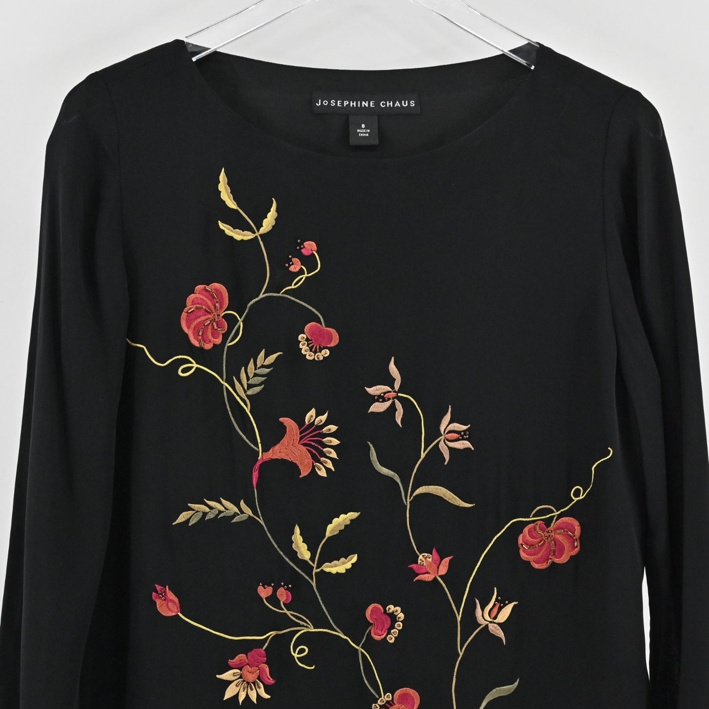 Josephine Chaus Womens Silk Top Size 8 Black Floral Embroidered Fringe Trim Boho