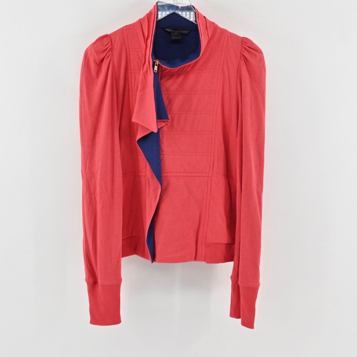 Marc Jacobs Womens Ruffle Front Jacket Size L Puff Sleeve Coral Pink Blue Soft