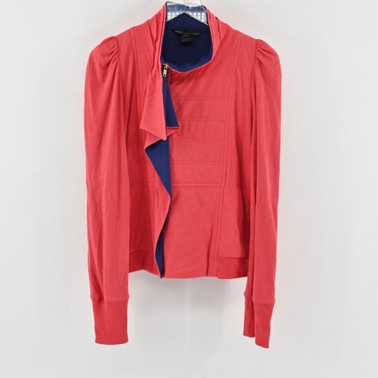 Marc Jacobs Womens Ruffle Front Jacket Size L Puff Sleeve Coral Pink Blue Soft