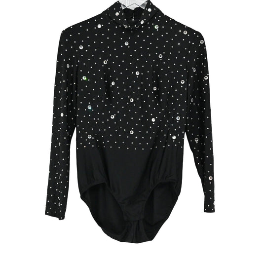 VINTAGE Bodysuit Womens Size 8 Black Rhinestone Mock Neck Long Sleeve Dance Glam