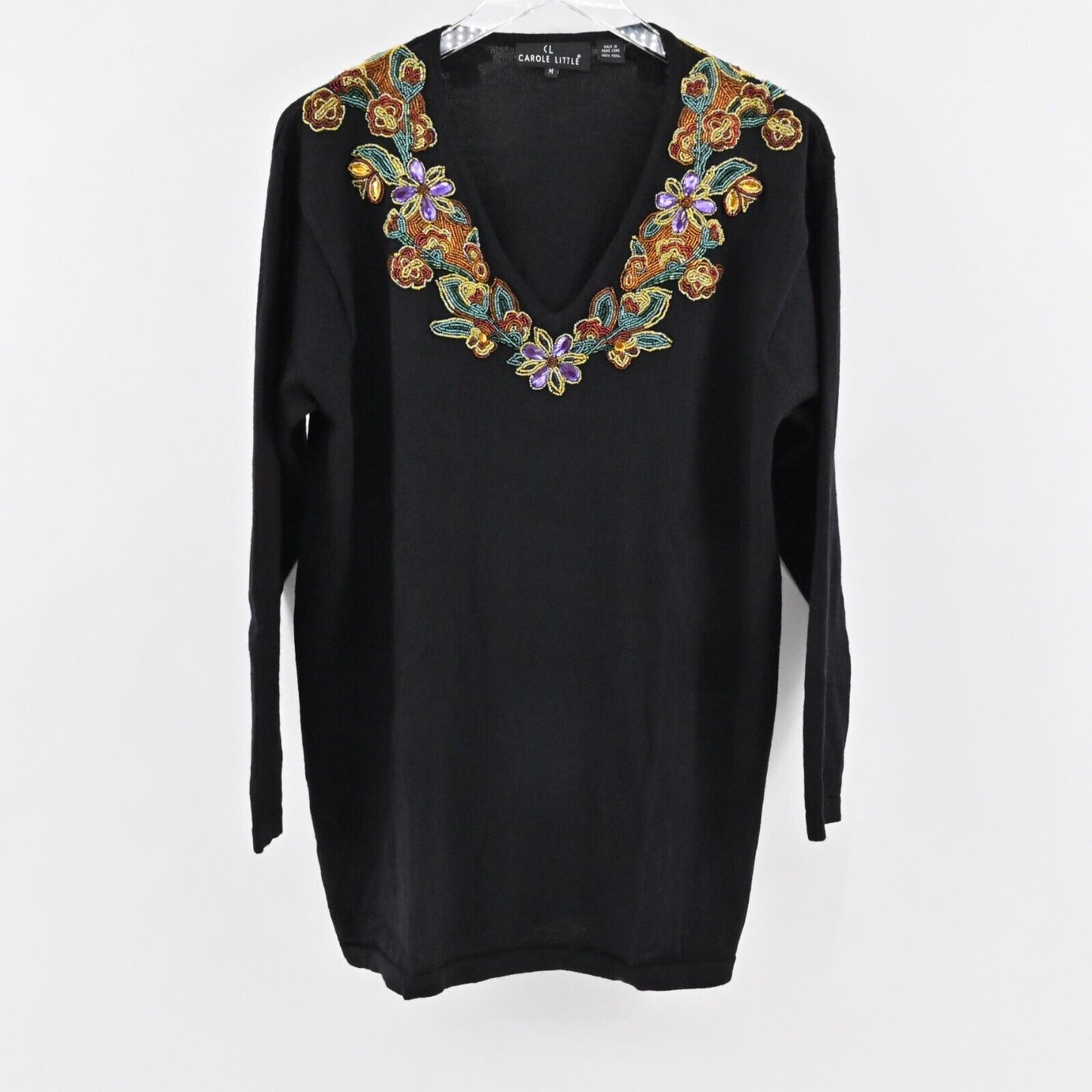 Vtg CAROLE LITTLE Sweater Womens Sz M Floral Beaded Black Wool Knit V Neck Retro