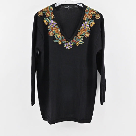 Vtg CAROLE LITTLE Sweater Womens Sz M Floral Beaded Black Wool Knit V Neck Retro