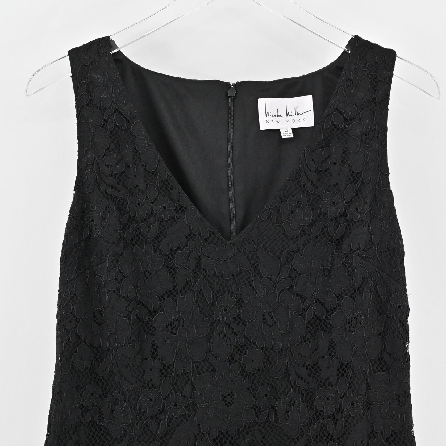 NICOLE MILLER Dress Sz 10 Black Feather Trim VNeck Sleeveless Lace Mini Flapper