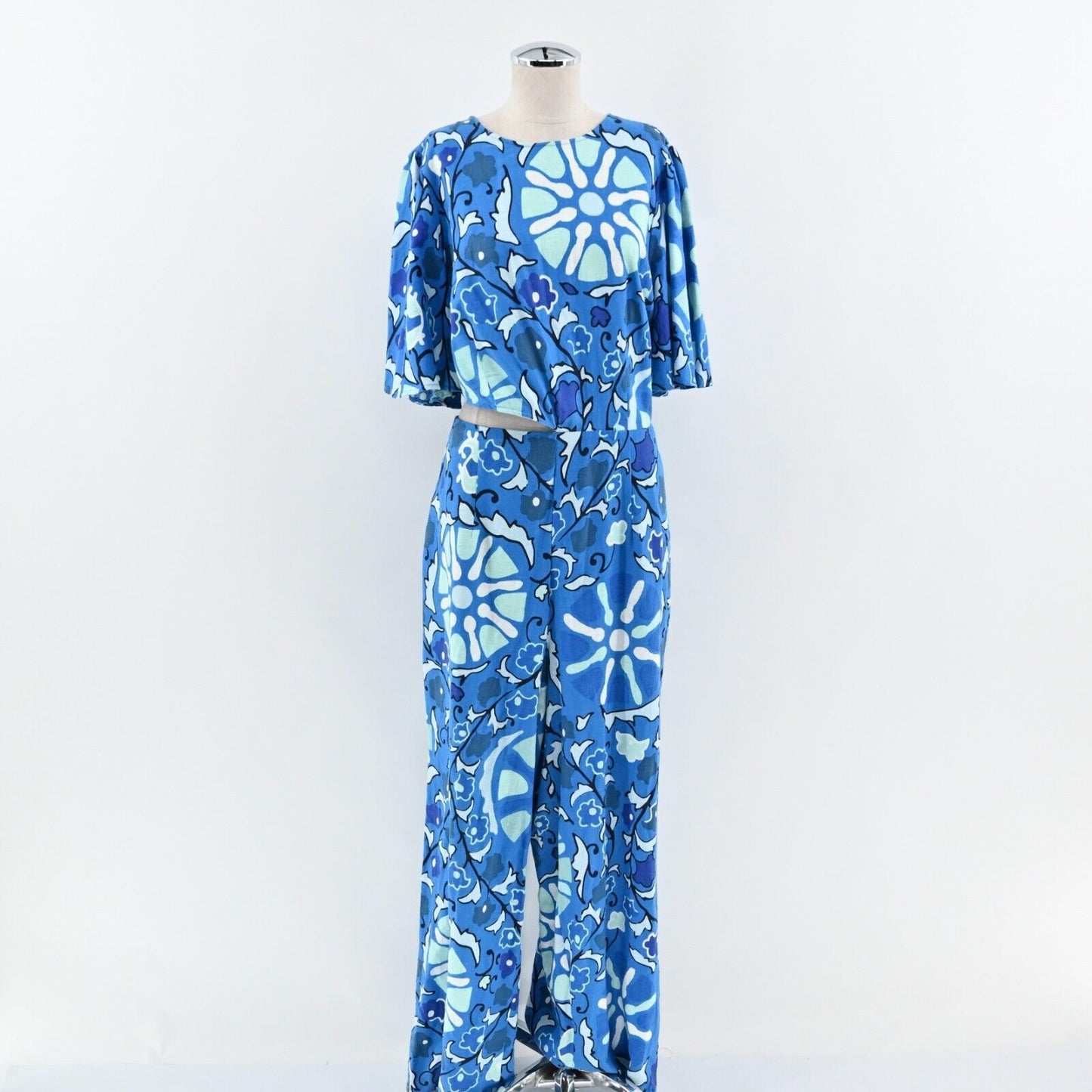 RHODE Jumpsuit Womens Size XXL Target Zinnia Blue Print Bell Sleeve Cut Out