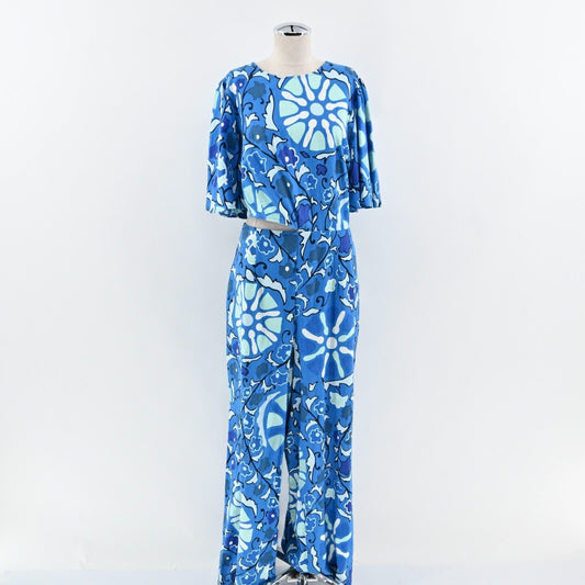 RHODE Jumpsuit Womens Size XXL Target Zinnia Blue Print Bell Sleeve Cut Out