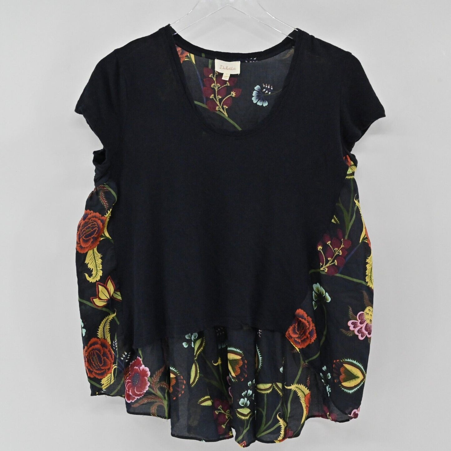 ANTHROPOLOGIE Top Womens Sz S Deletta Silver Fern Floral Navy High Low Peplum