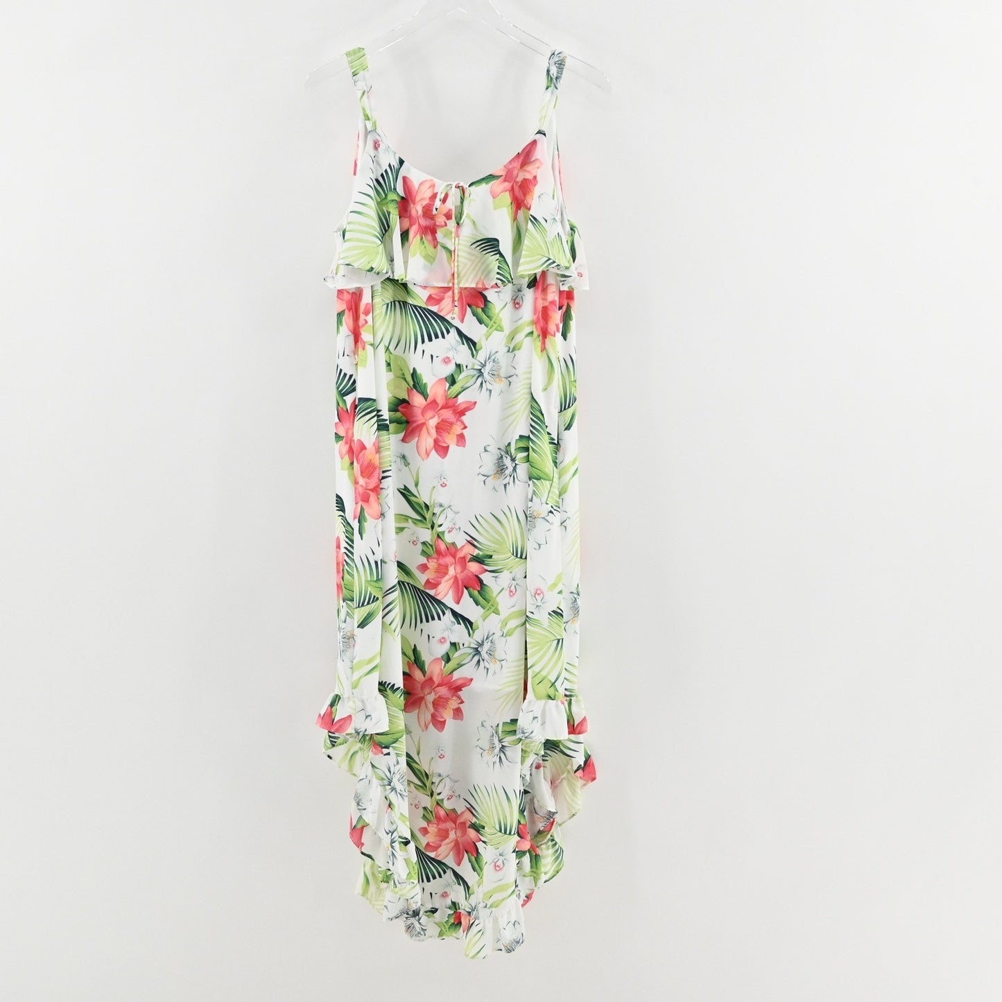 Tommy Bahama Maxi Dress L White Floral Tropical Ruffle High Low Vibrant Vacation