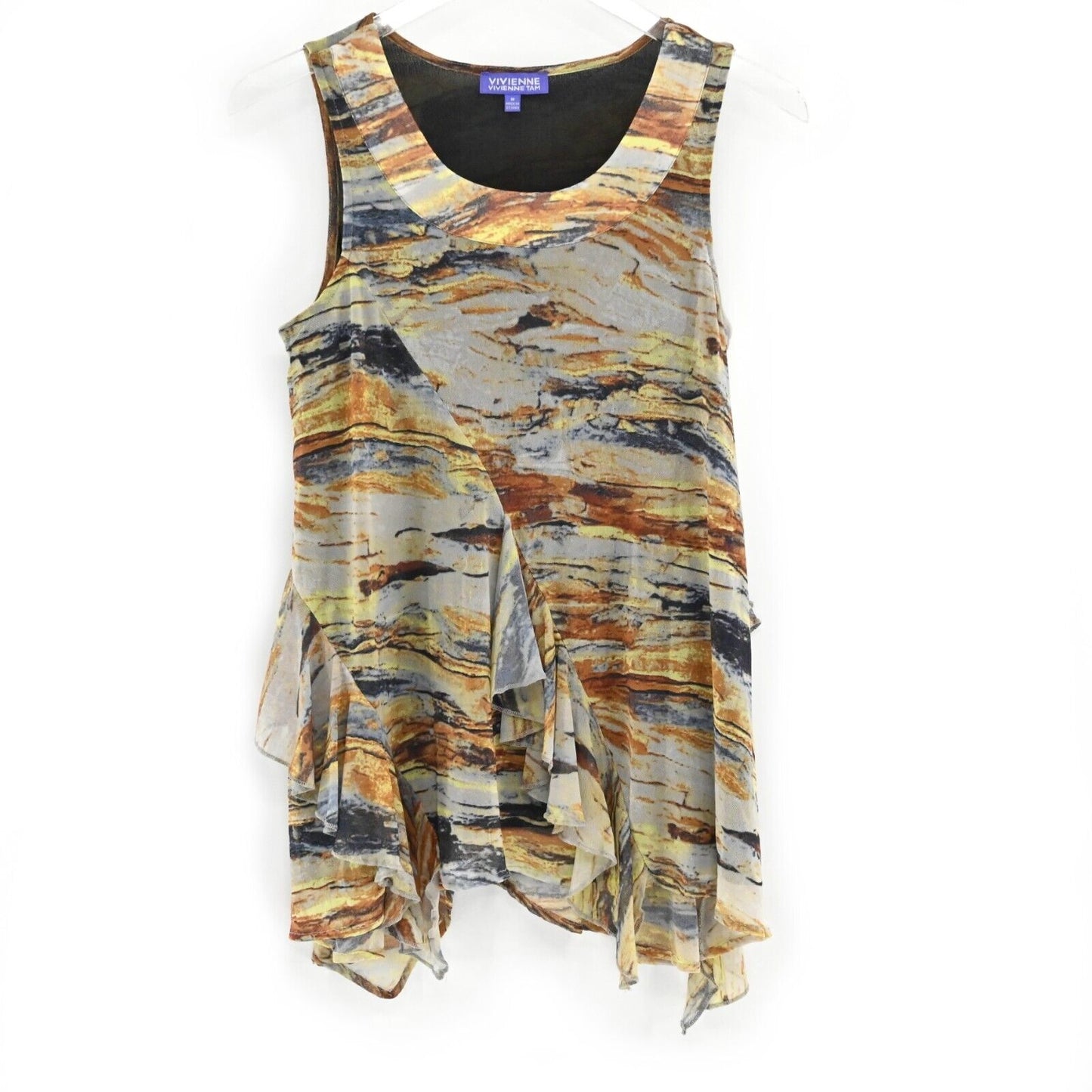 VIVIENNE TAM Top Womens Size M Sleeveless Mesh Blouse Marbled Draped Ruffle Boho