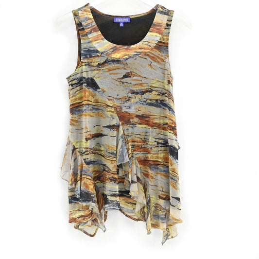 VIVIENNE TAM Top Womens Size M Sleeveless Mesh Blouse Marbled Draped Ruffle Boho