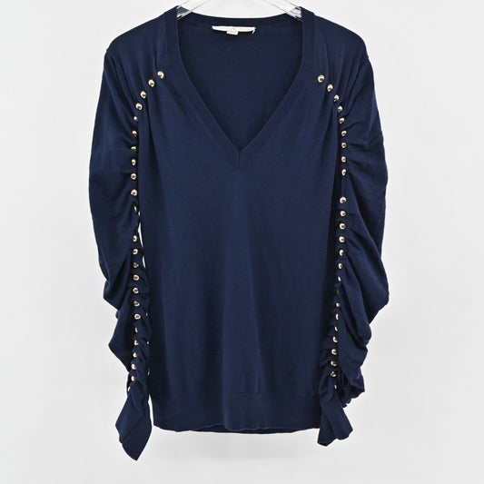 BOSTON PROPER Sweater Womens Size M Navy VNeck Ruched Studded Long Sleeve Knit