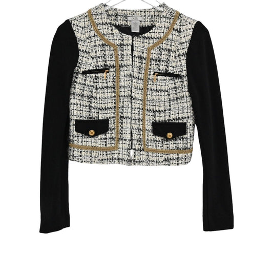 CACHE Blazer Womens Size 2 Tweed Cropped Long Sleeve Jacket Gold Trim Contrast