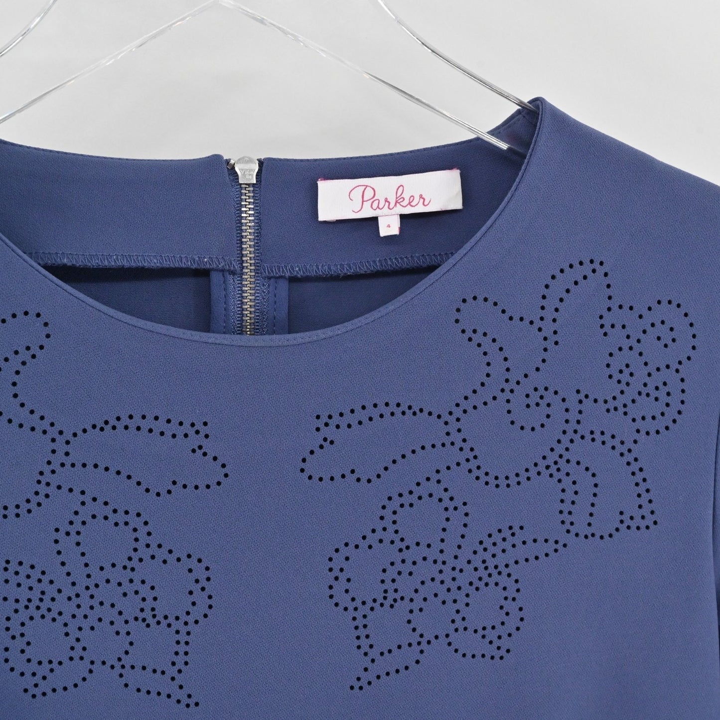 Parker Orlando Blue Dress Size 4 Perforated Detail Bell Sleeve ALine Mini