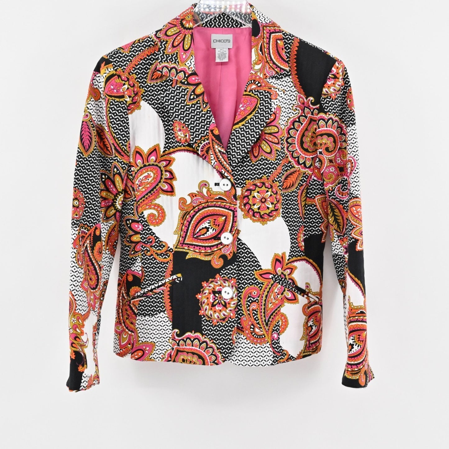 CHICOS Womens Paisley Blazer Size M Pink Single Breasted Maximalist Jacket Bold