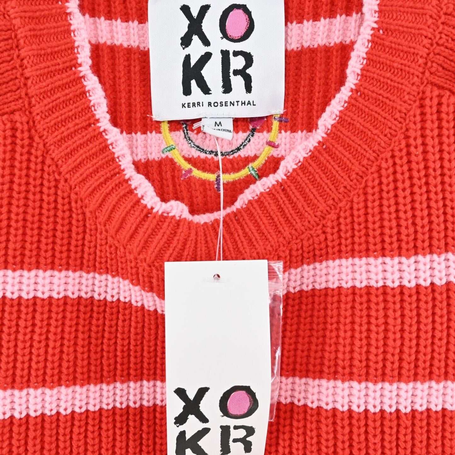 KERRI ROSENTHAL Sweater Vest Womens Siz M Red Pink Striped Heart Smiley Face NEW