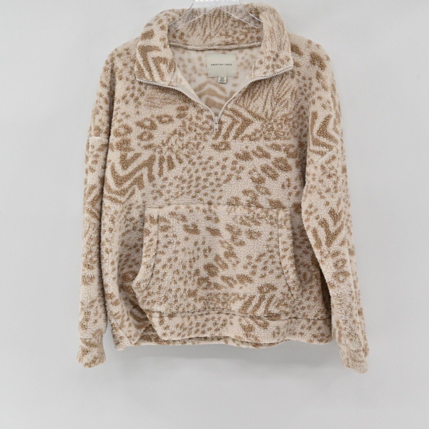AMERICAN EAGLE Jacket Women Sz M Tan Animal Print Sherpa Fleece 1/4 Zip Pullover
