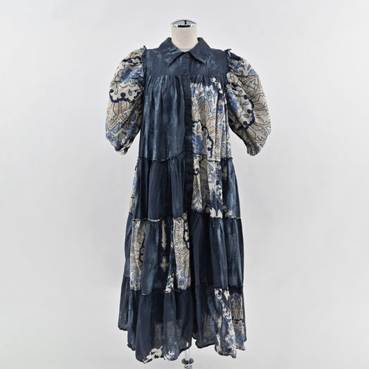 Anthropologie Let Me Be Puff Sleeve Patchwork Shirt Dress Sz XL Tiered Midi Boho