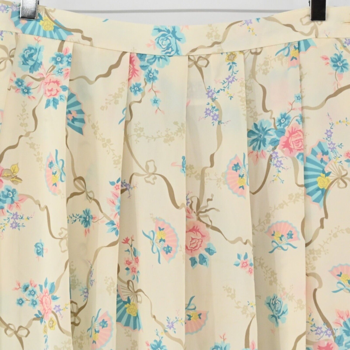 Vtg KORET CAREER Skirt Womens Sz S Ivory Floral Fans Bows Pleated Midi Retro 80s