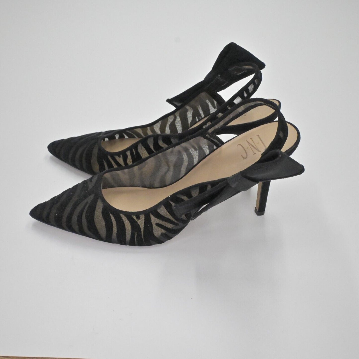 INC Slingback Heels Womens Size 9.5 Black Zebra Velvet Mesh Bow Coletta Stiletto