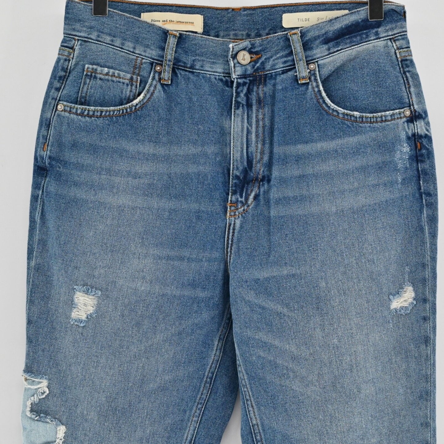 ANTHROPOLOGIE Pilcro Letterpress Womens Tilde Jeans Sz 28 High Rise Boho Patch