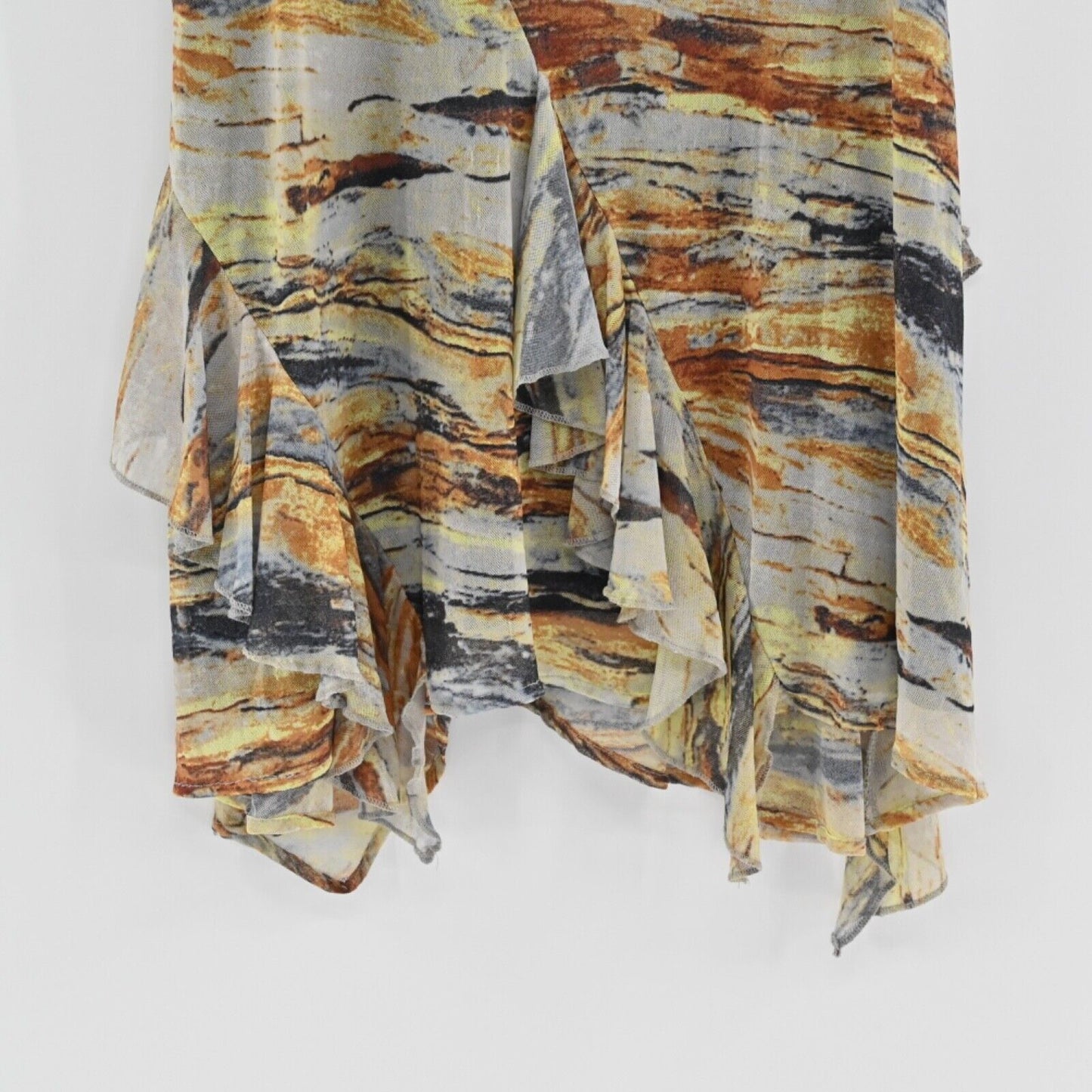 VIVIENNE TAM Top Womens Size M Sleeveless Mesh Blouse Marbled Draped Ruffle Boho