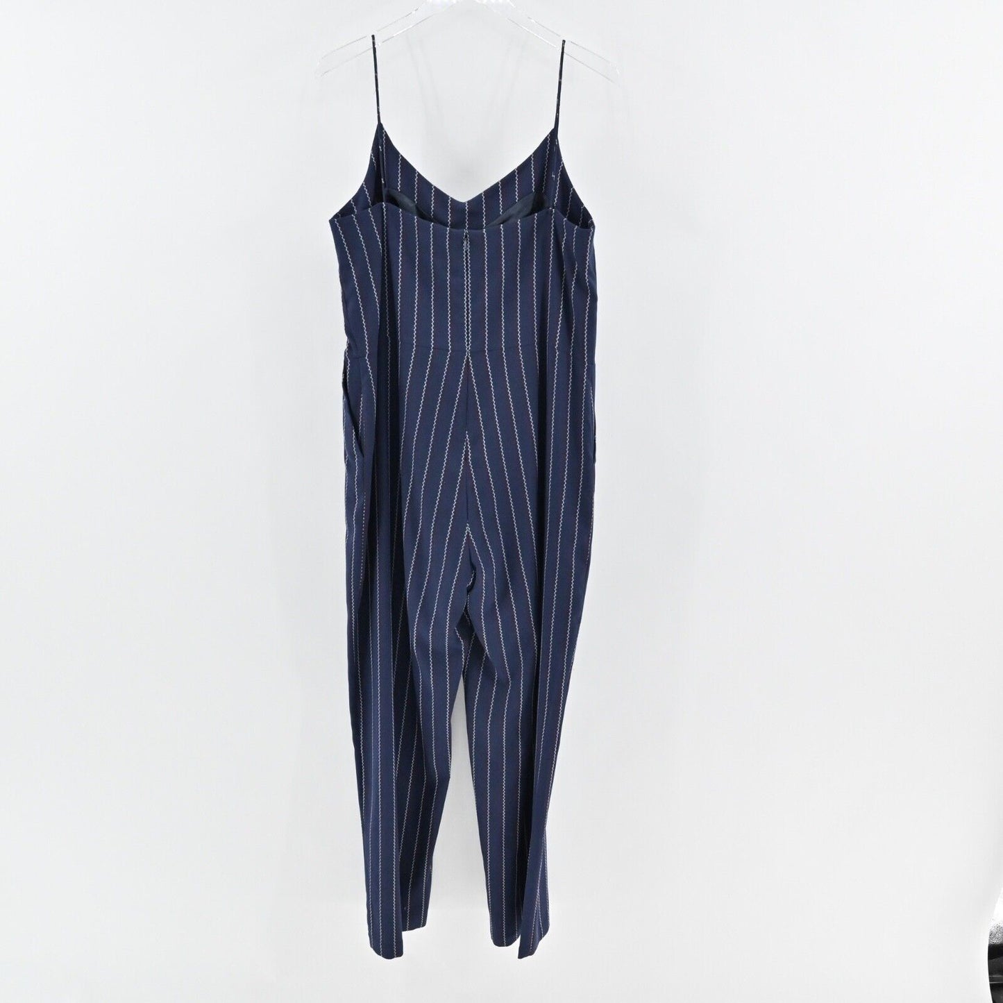 GANNI Jumpsuit Womens Size 42 Navy Blue Stripe Spaghetti Strap V Neck Wide Leg