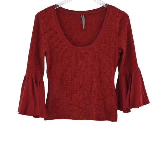 ANTHROPOLOGIE Top Womens Size S Smocked Bell Sleeve Scoop Neck Stretch Blouse