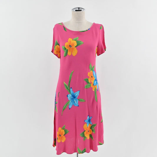 Vtg 90s Casual Corner Tropical Floral Dress Size 12 Bright Pink Hawaiian Resort