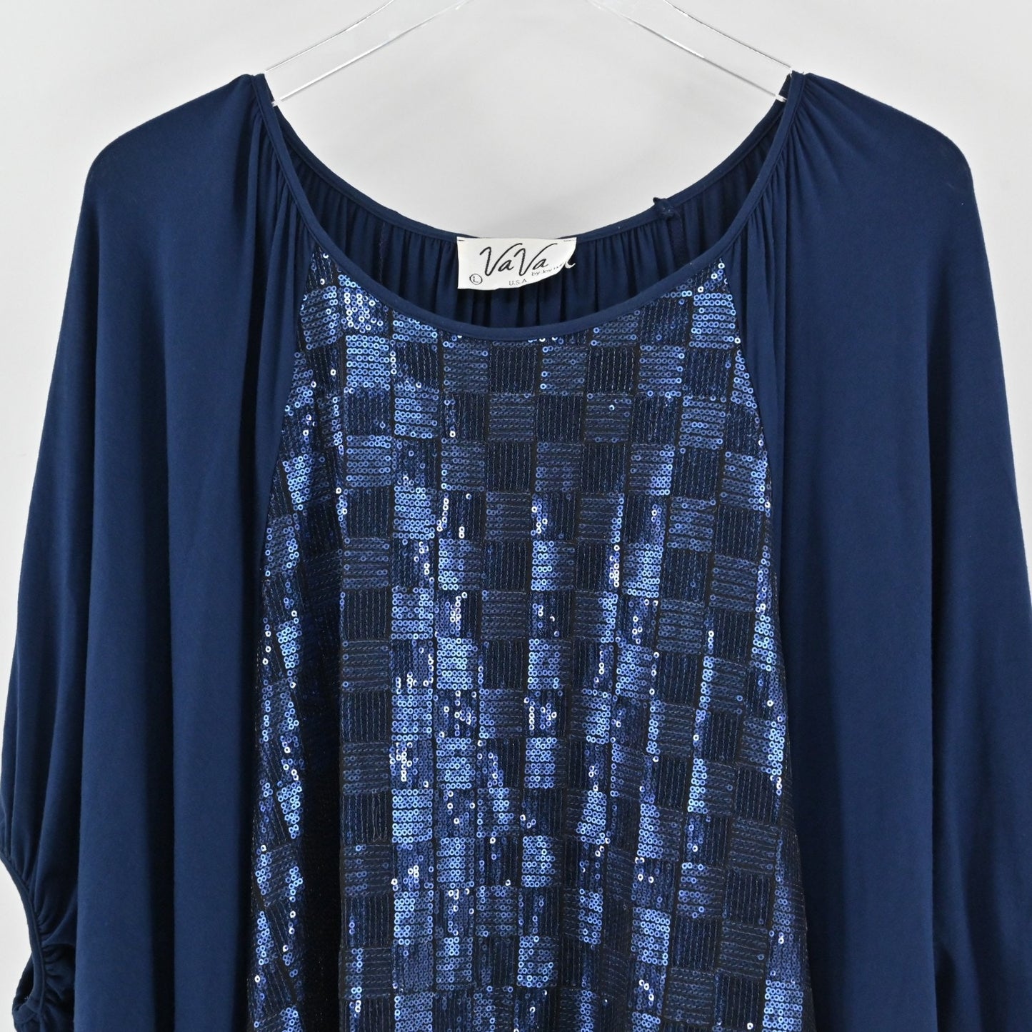 Vtg VaVa Joy Han Womens Sequin Top Size L Blue Checkered Batwing Dolman Sleeve