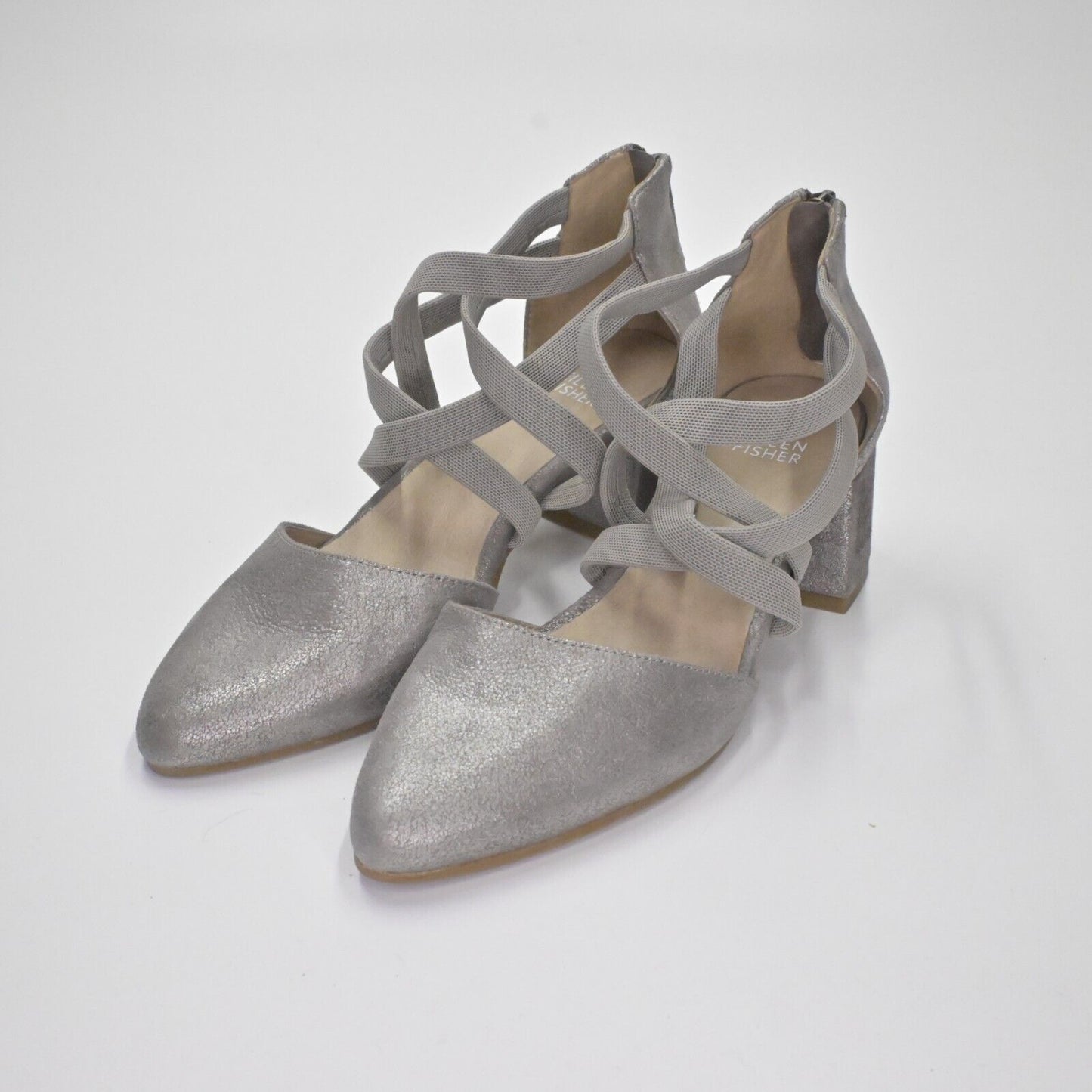 EILEEN FISHER Pumps Womens Size 7.5 Juku Mica Silver Strappy Closed Almond Toe