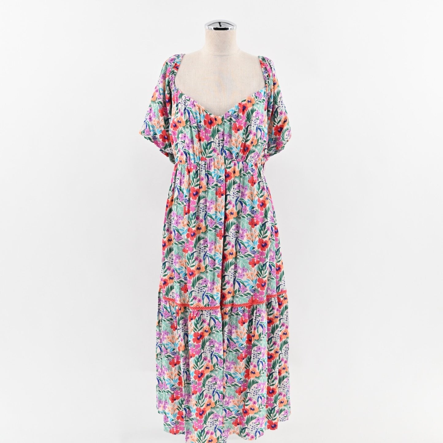 LOST WANDER Dress Size 1X Multicolor Floral Print Puff Sleeve Sweetheart Midi
