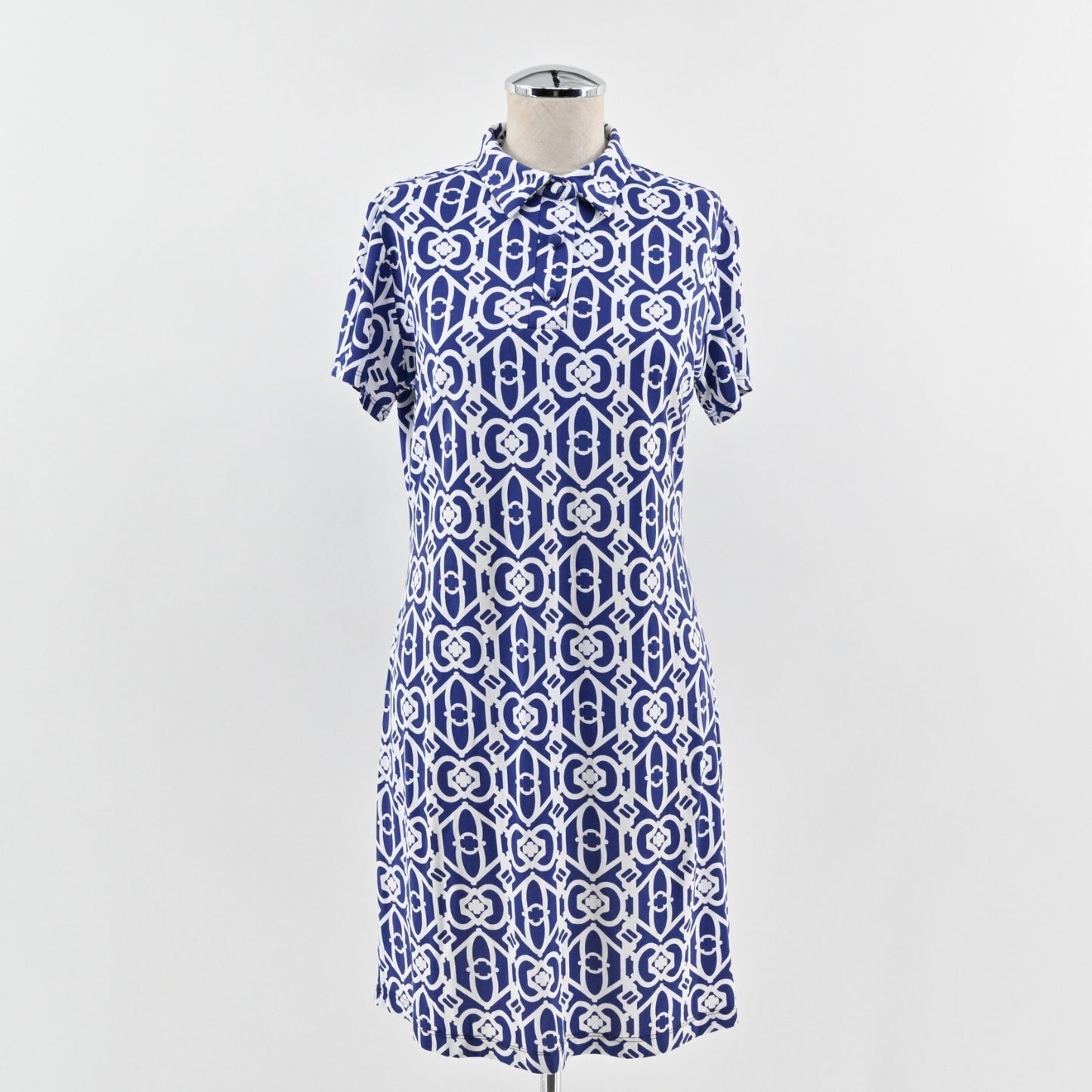 IBKUL Dress Size S Blue White Print Polo Stretch UPF 50+ Outdoor Preppy Outdoors