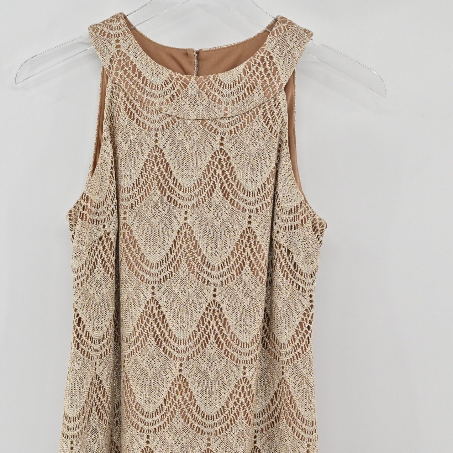 Vtg LAURA Dress Womens Size M Tan Gold Metallic Crochet Lace Fringe Halter Shift