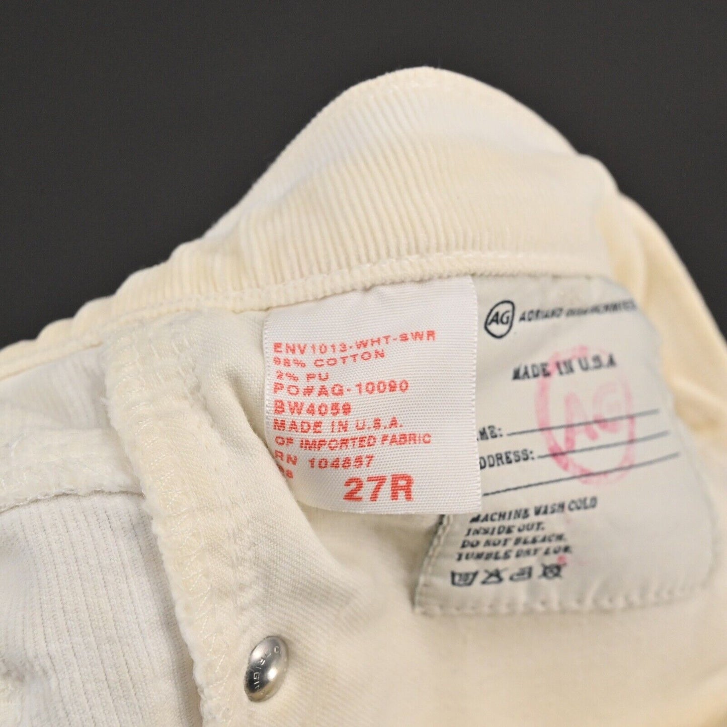 AG Pants Womens Sz 27 Ivory Corduroy The Angel Bootcut Low Rise Rhinestone Logo