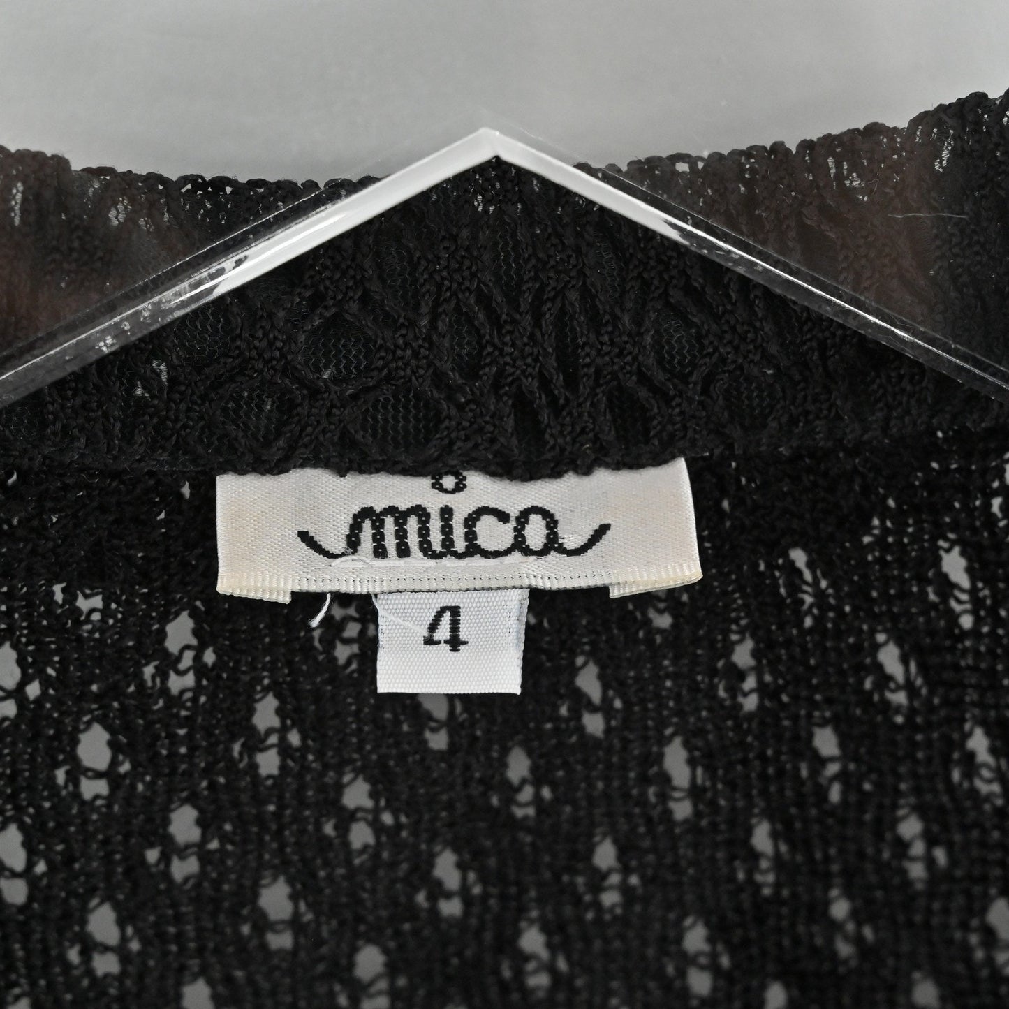 Vtg Y2k Mica Womens Black Knit Crochet Top Size 4 Sheer Mesh Button Long Sleeve