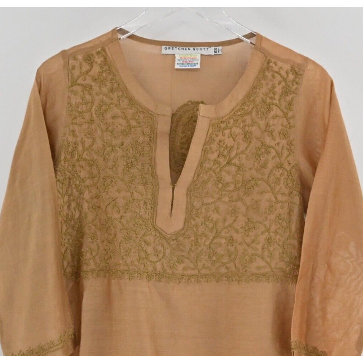 GRETCHEN SCOTT Silk Embroidered Top Womens Sz XS Brown Paisley Tunic Cotton Boho