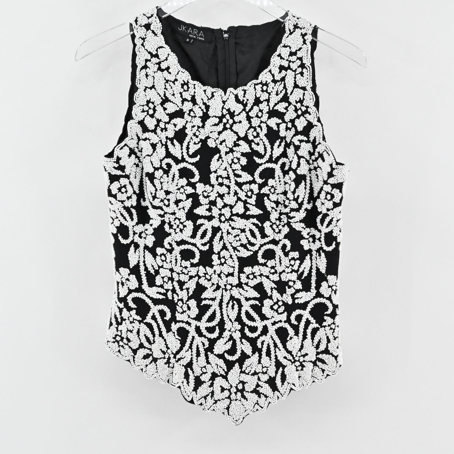 Vtg Womens Beaded Top S Black White Floral Sleeveless All Over Embellished JKARA