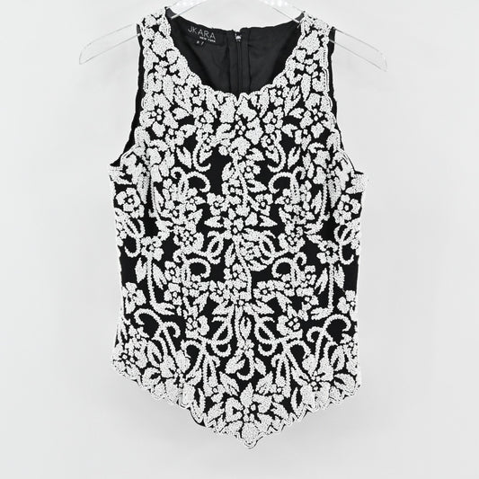 Vtg Womens Beaded Top S Black White Floral Sleeveless All Over Embellished JKARA