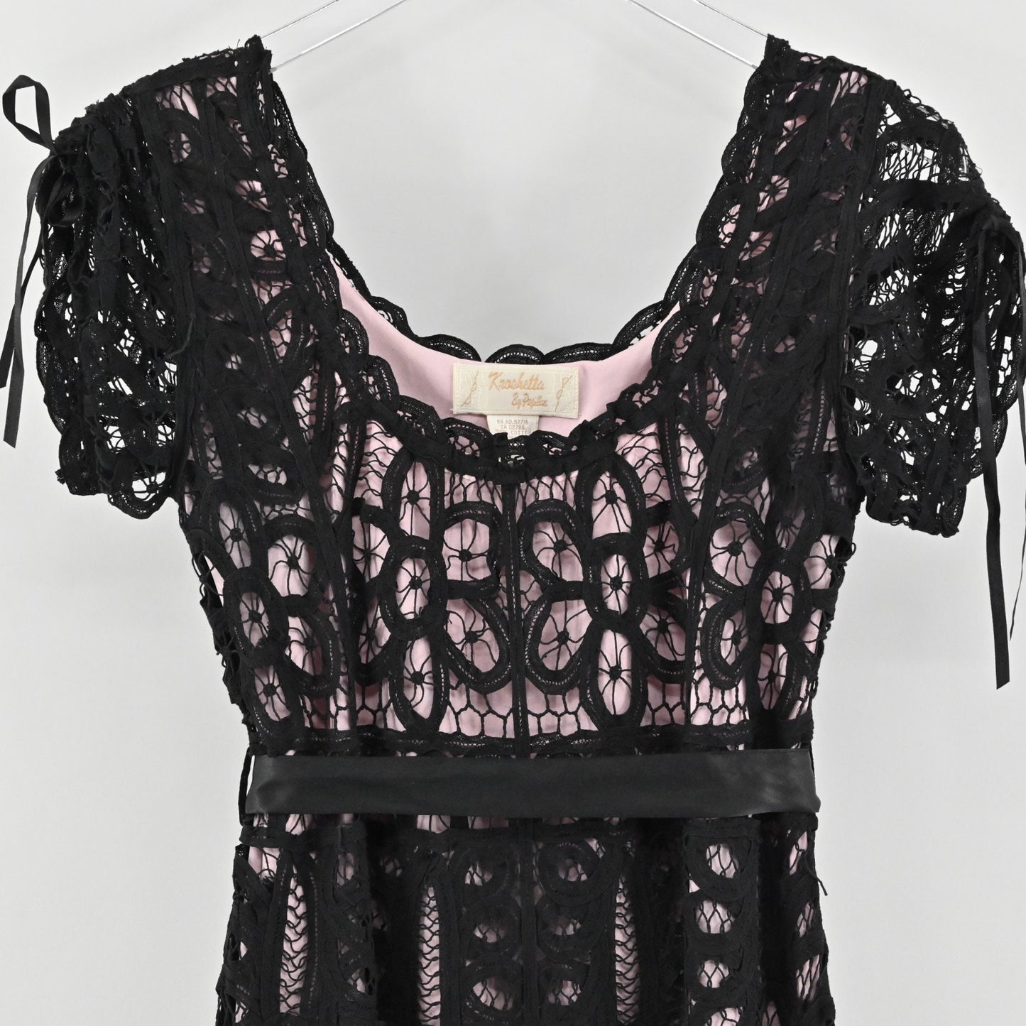 Vtg Black Crochet Lace Dress Size S Fairy Coquette Glam Kroshetta Papillon Y2k