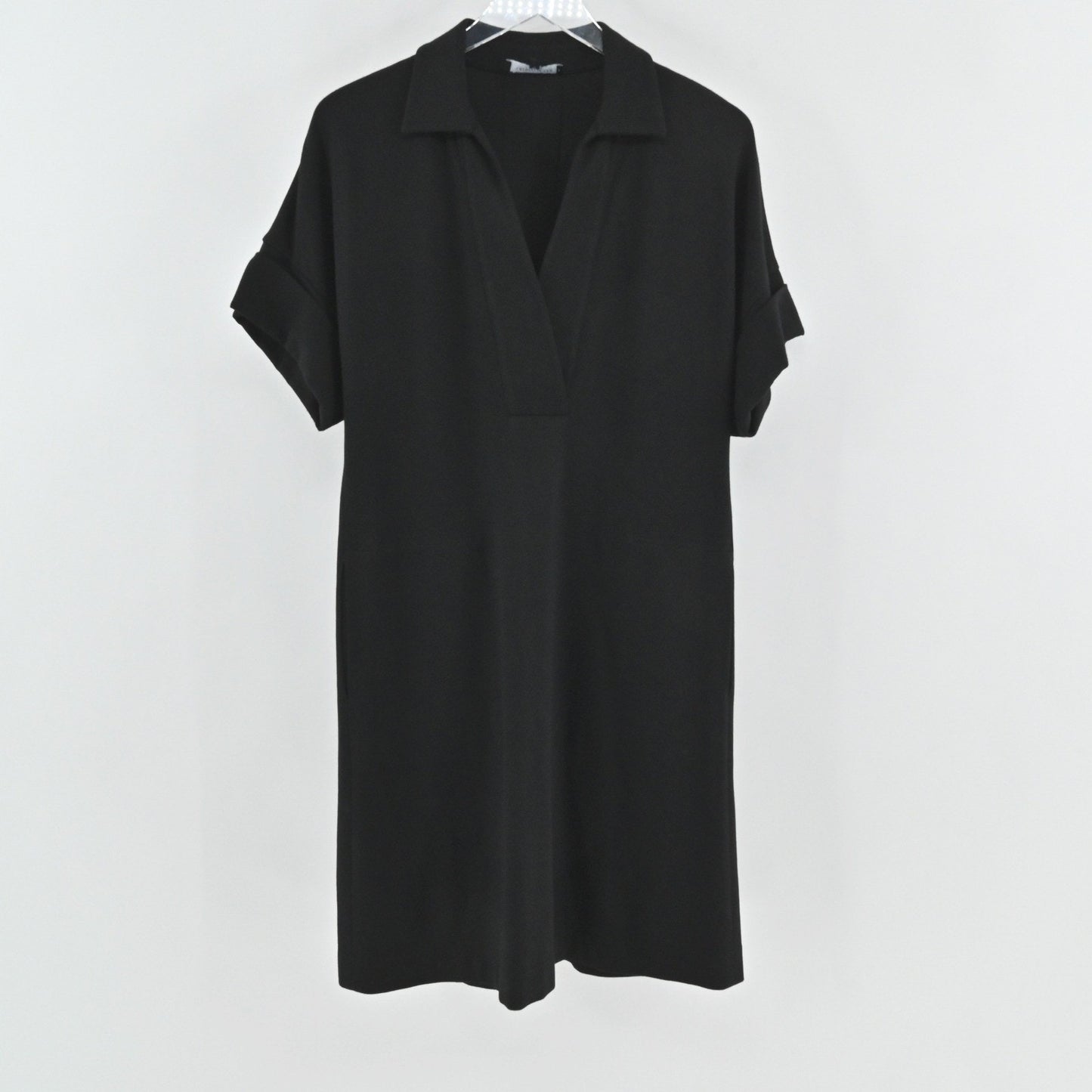 Lafayette 148 Toni Collared Dress Size S Black Minimalist VNeck Midi Modern Chic