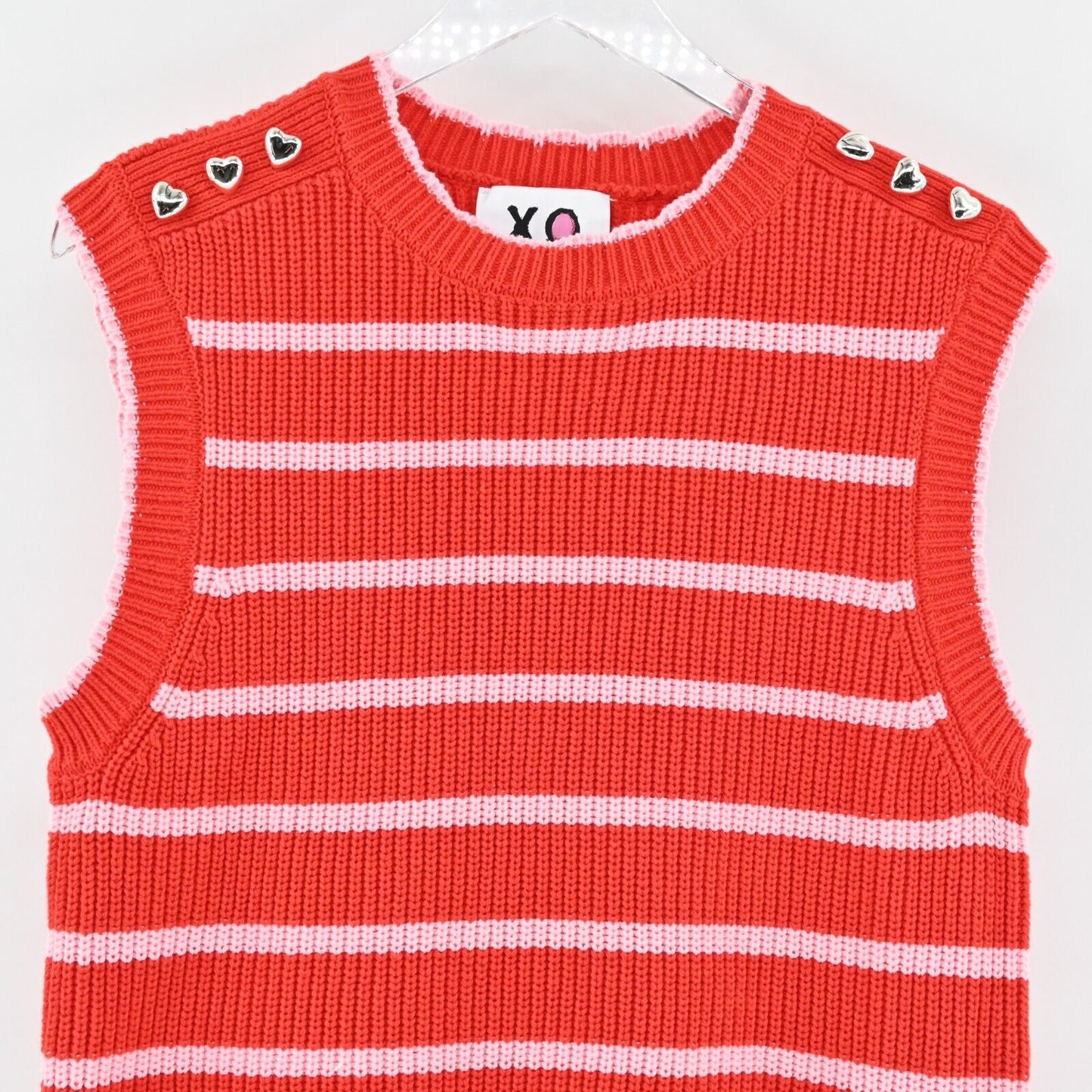 KERRI ROSENTHAL Sweater Vest Womens Siz M Red Pink Striped Heart Smiley Face NEW