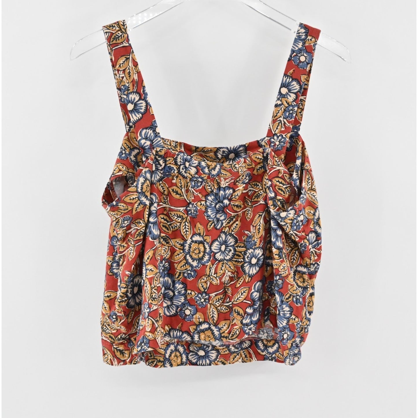 FAHERTY Womens Pacifica Floral Square Neck Top Size L Red Blue Linen Sleeveless