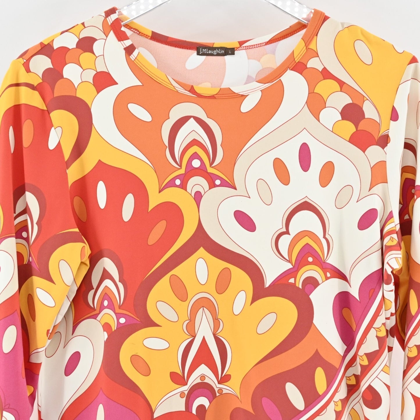 J MCLAUGHLIN Womens Catalina Cloth Top Size L Stretch Quarter Sleeve Retro Print