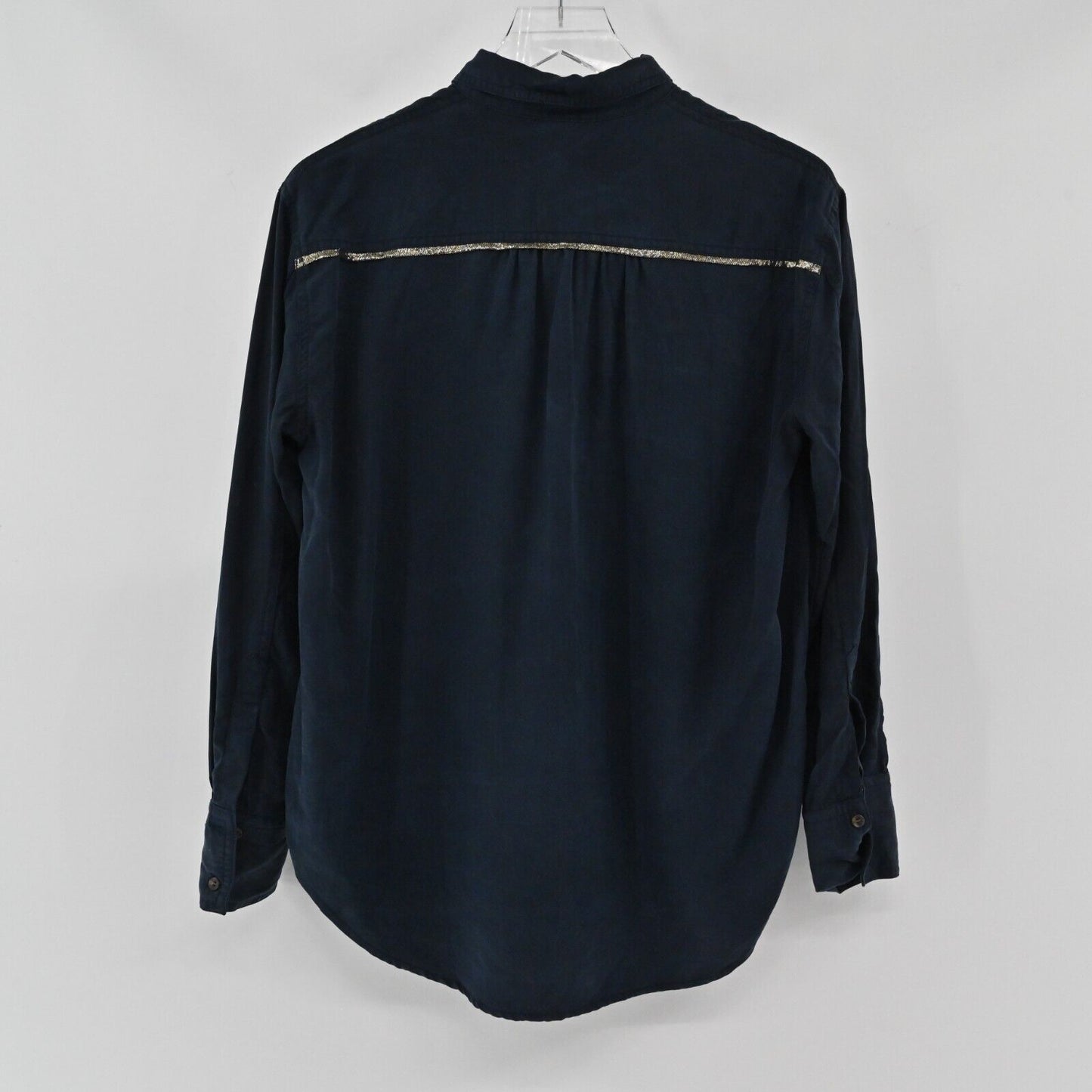 FREE PEOPLE Top Womens Sz S Off Campus Metallic Shimmer Navy Button Down Blouse