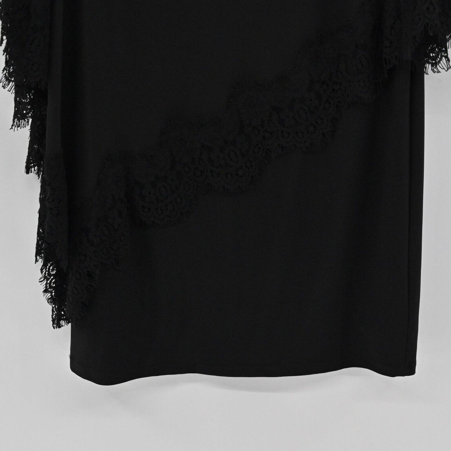 XSCAPE Dress Women Sz 4 Black Lace Trim Chiffon Cold Shoulder Shawl Style Sheath