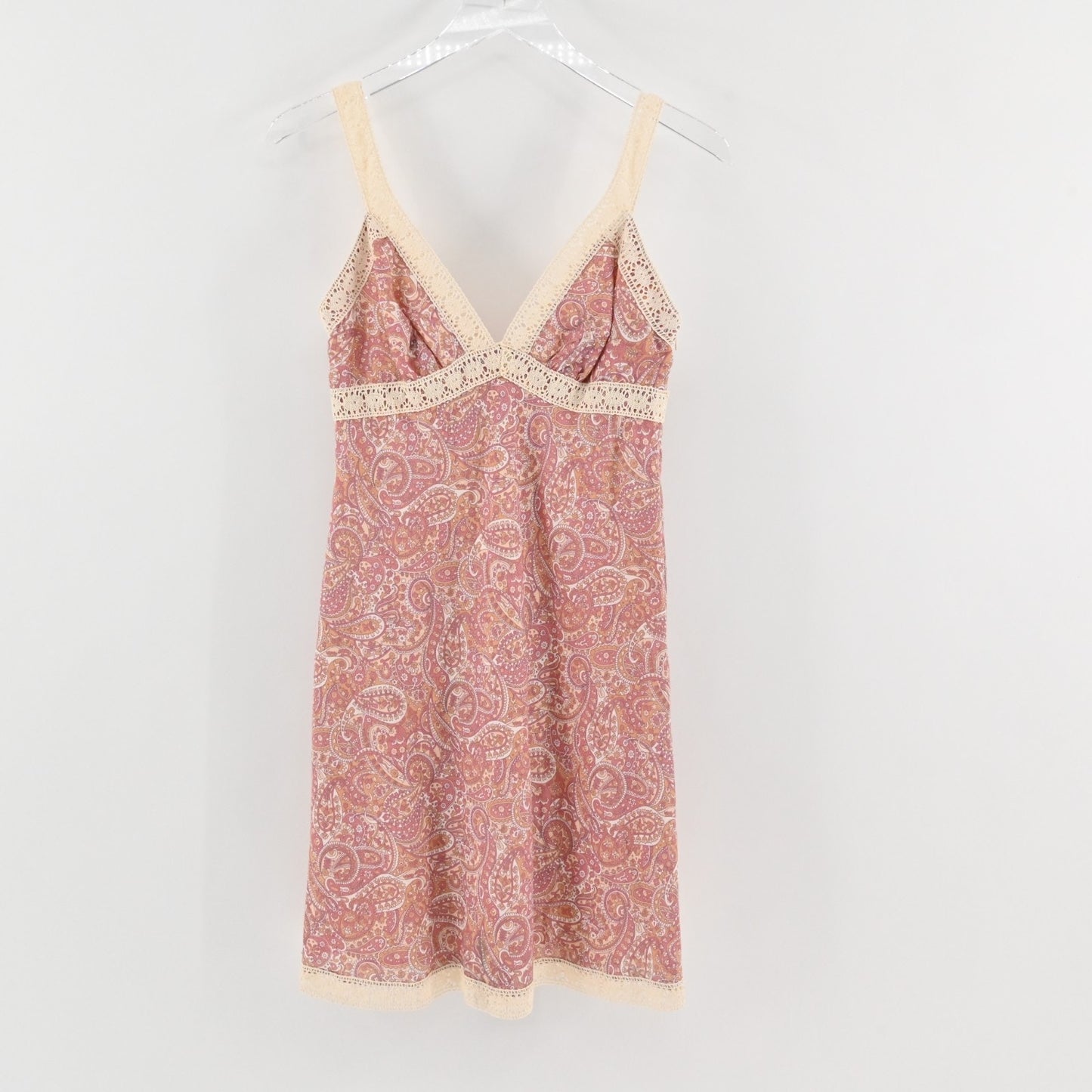 Vtg Y2k Paisley Babydoll Dress Size 4 Petite Crochet Pink Sleeveless Mini VNeck