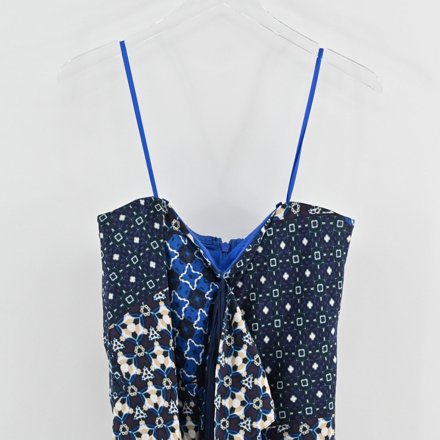 BCBGMAXAZRIA Enid Silk Dress Size 12 Pacific Blue Strapless Fringe Asymmetrical