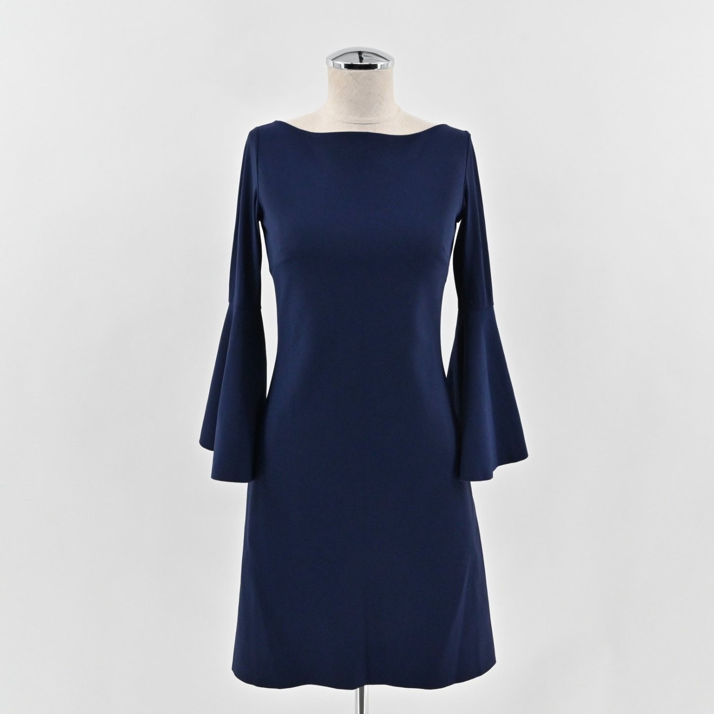 Chiara Boni Natalia Navy Blue Dress Size 38 Bell Sleeve Bateau Neck Stretch