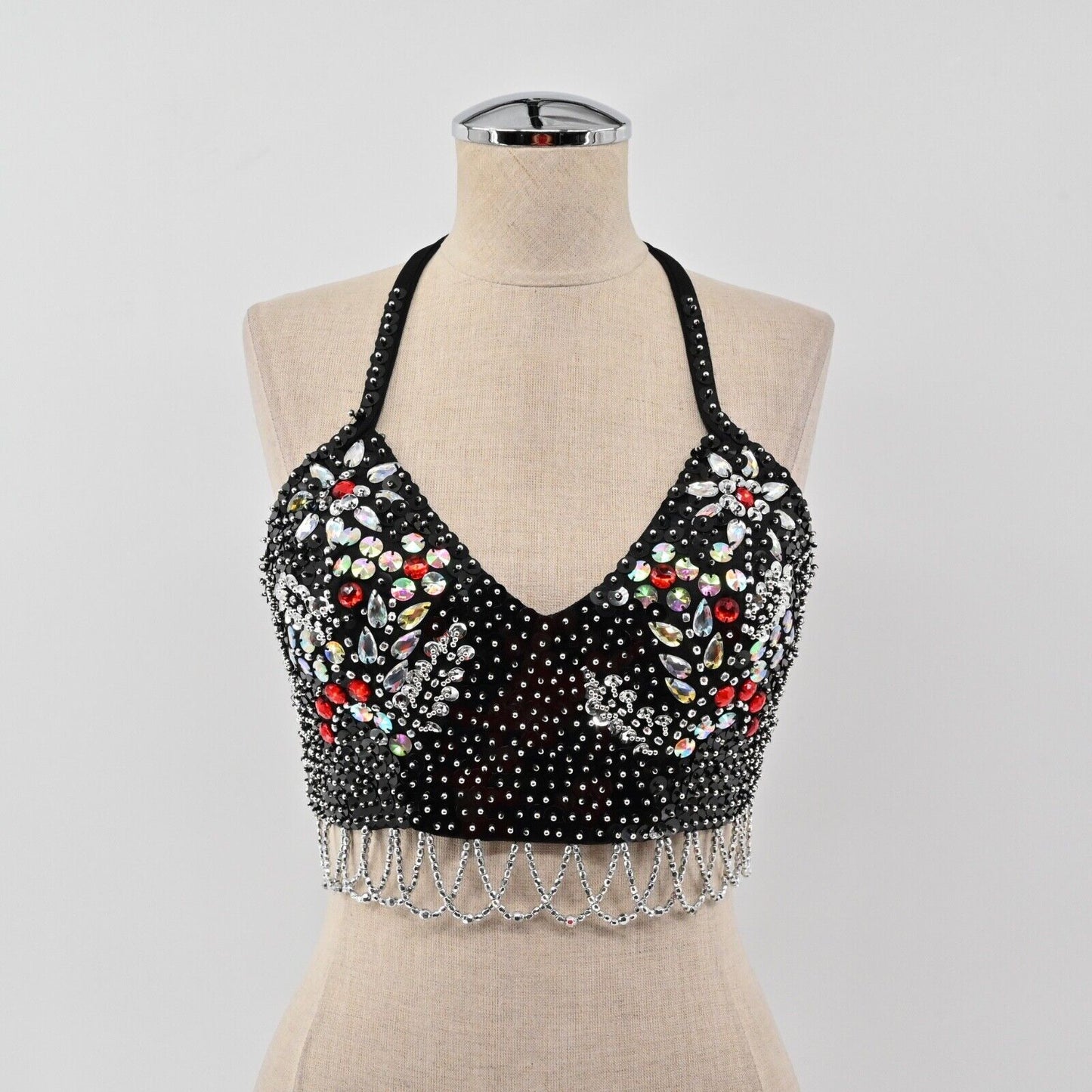 CHARISMATICO Beaded Top Womens Sz M Black Sequin Rhinestone Bustier Halter Crop