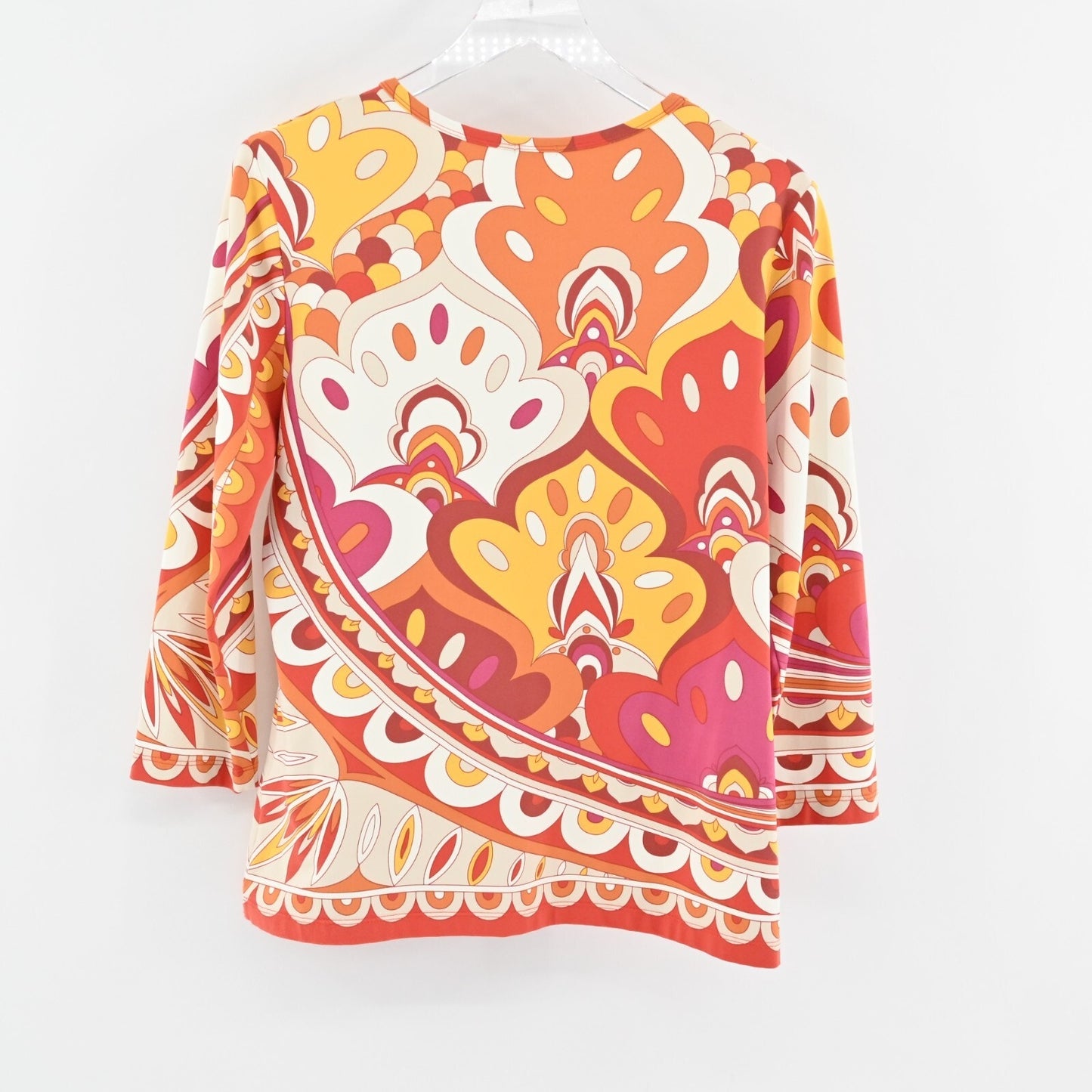 J MCLAUGHLIN Womens Catalina Cloth Top Size L Stretch Quarter Sleeve Retro Print