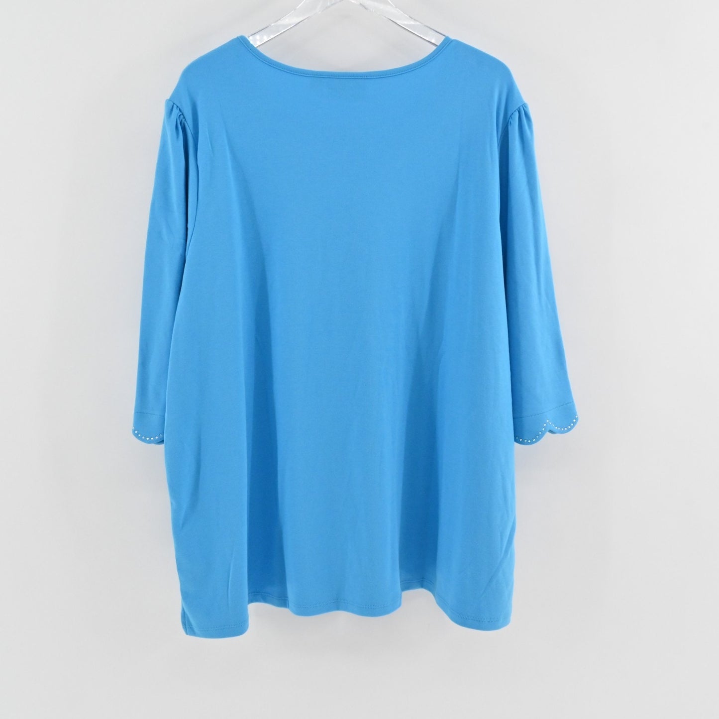 Quacker Factory Womens Scalloped Rhinestone Top Size 3X Blue 3/4 Puff Sleeve